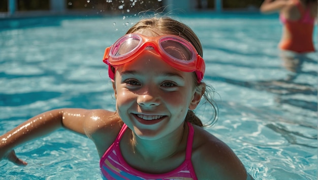 Foto mädchen schwimmt mit brille im pool, schnorchelt und taucht