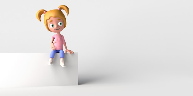 Mädchen sitzt an der Wand auf weißem Hintergrund Kopieren Sie Platz 3D-Darstellung Cartoon