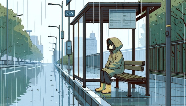 Mädchen sitzt an einer Bushaltestelle an einem regnerischen Tag in einer kalten und regnerischen Umgebung