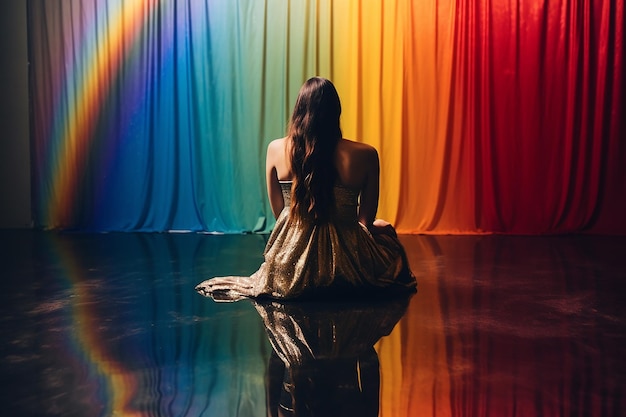 Mädchen sitzt auf dem Boden im Licht der Farben des Regenbogens