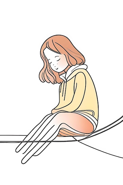 Mädchen sitzt auf einer Schnur. Kontinuierliche Linienzeichnung, Vektorillustration