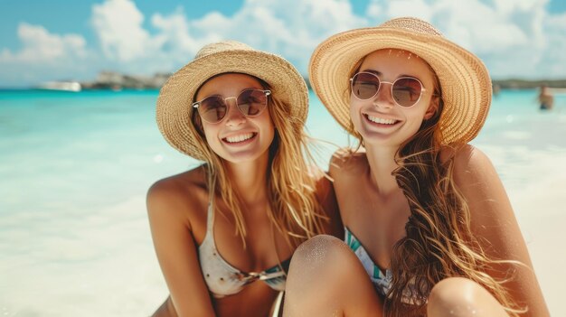Mädchen sitzt und lächelt am weißen Sandstrand Sommerreisenderkonzept während der Sonnenscheinzeit