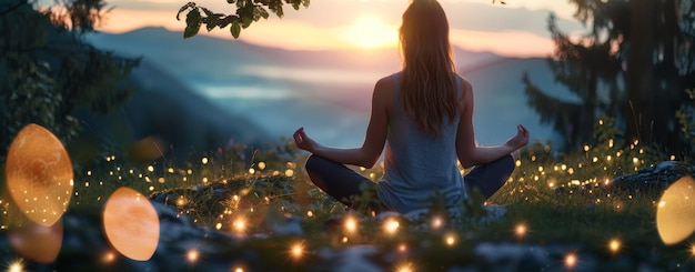 Foto mädchen sitzt und macht yoga, schönes licht