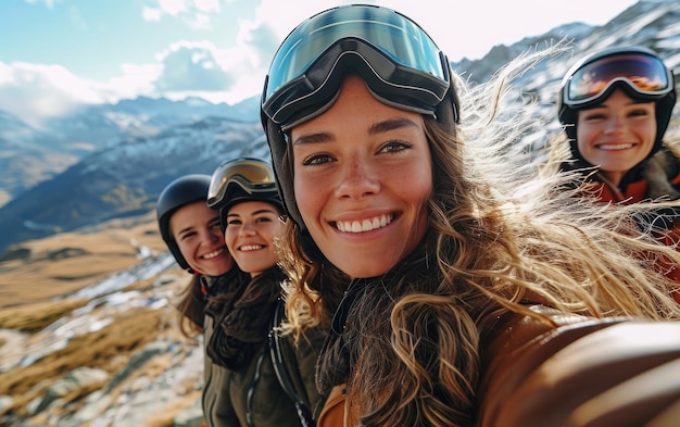 Mädchen-Skifahrerin mit Freunden mit Ski-Gläsern und Ski-Helm auf dem Schneeberg