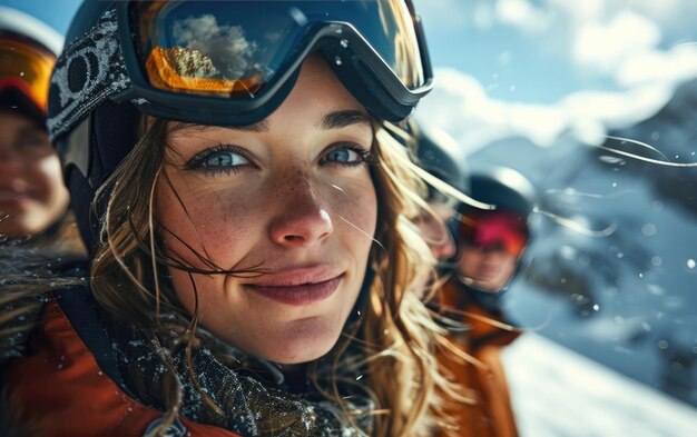 Foto mädchen-skifahrerin mit freunden mit ski-gläsern und ski-helm auf dem schneeberg