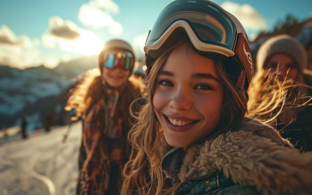 Mädchen-Skifahrerin mit Freunden mit Ski-Gläsern und Ski-Helm auf dem Schneeberg