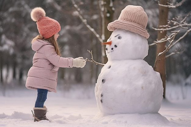 Mädchen spielen im großen Schneemannpark Lächeln glücklich Generieren Sie Ai