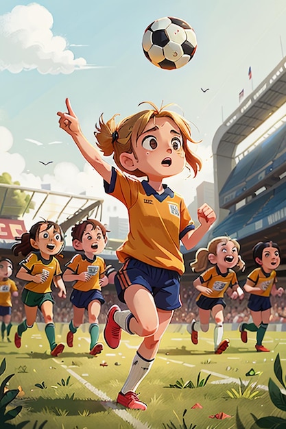 Mädchen spielt Fußball mit Freunden auf dem Campus, glückliche Kindheit, Cartoon-Hintergrund