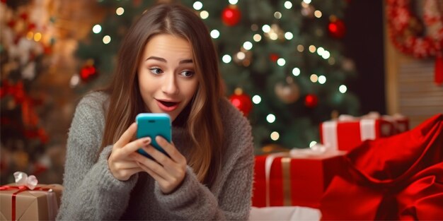 Mädchen spricht am Telefon im Weihnachts-Hintergrund