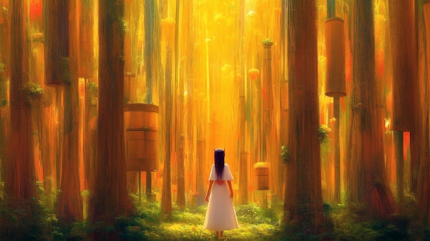 Mädchen steht im gelben Märchenwald, der von KI erzeugt wurde