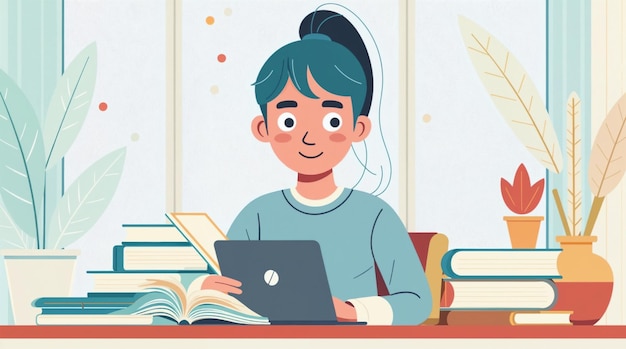 Mädchen studiert mit Büchern und Laptop zu Hause