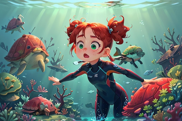 Mädchen taucht unter dem Meer bunte Unterwasserwelt Korallenfische Tapete Hintergrundillustration