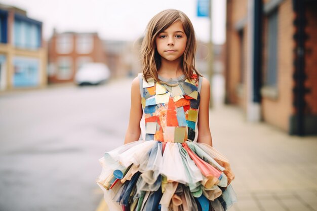 Foto mädchen trägt ein kleid aus upcycled stoffstücken