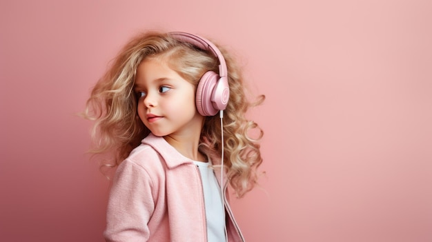 Mädchen trägt Kopfhörer auf rosa Hintergrund und hört ihre Lieblingsmusik