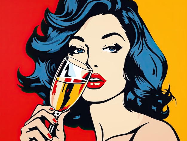 Mädchen trinkt Champagner im Pop-Art-Stil