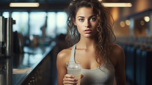 Mädchen trinkt Wasser im Fitnessstudio nach dem Training, das erzeugt wird