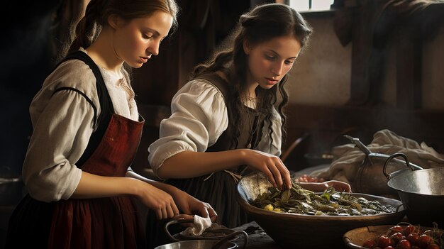 Foto mädchen und frau, die essen zubereiten, mittlerer schuss