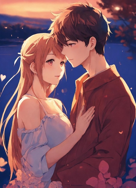 Mädchen und Junge zeigen sich gegenseitig ihre Liebe im Art-Anime-Stil