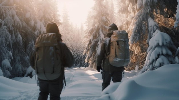 Mädchen und Mann mit Rucksack im Bergwald, sonniger Wintertag, KI-generiert