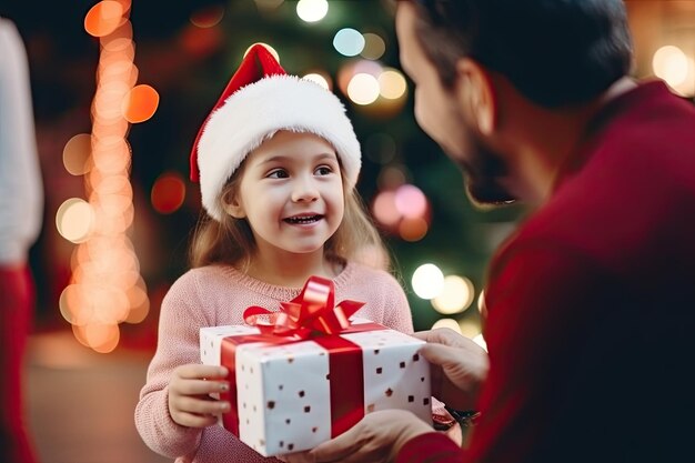 Mädchen und sein Vater halten eine große Geschenkkiste auf dem Hintergrund eines Weihnachtsbaums als Neujahrsüberraschung