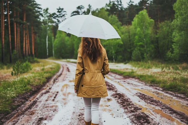 Mädchen unter einem Regenschirm auf einem Spaziergang im Frühlingswald im Regen