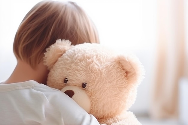 Mädchen versteckt sich, während sie ihren Teddybären umarmt und eine fesselnde Szene der Zuneigung schafft