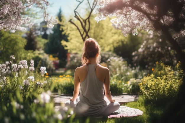 Mädchen von hinten macht Yoga im Frühlingsgarten. Gras und Blumen umgeben KI-generierte Illustration