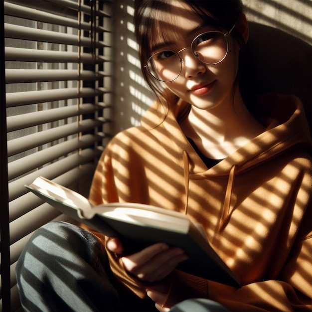 Mädchen vor einem Fenster mit Jalousien, das ein Buch hält und Licht und Schatten durch das Fenster empfängt