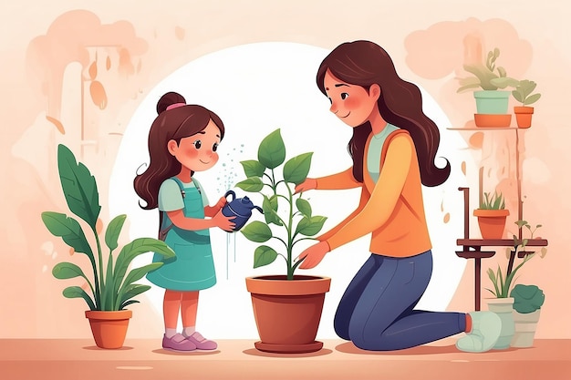 Mädchen wächst und gießt eine Topfpflanze mit ihrer Mutter Illustrationsdesign