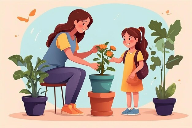 Mädchen wächst und gießt eine Topfpflanze mit ihrer Mutter Illustrationsdesign
