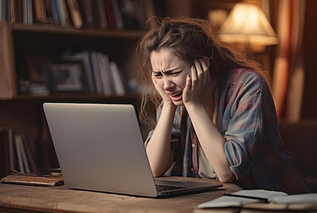 Mädchen weint vor Laptop im Zimmer im Stil der queeren Wissenschaft