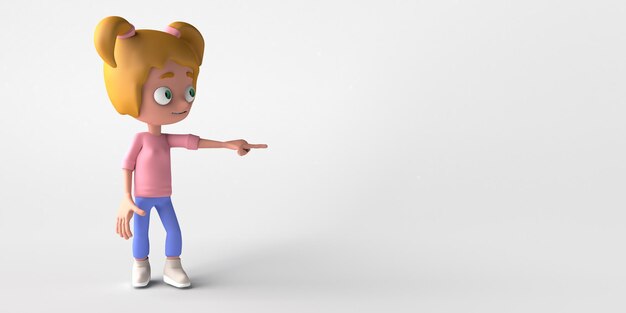 Mädchen zeigt mit dem Finger nach vorne auf weißem Hintergrund Kopieren Sie Platz 3D-Darstellung Cartoon