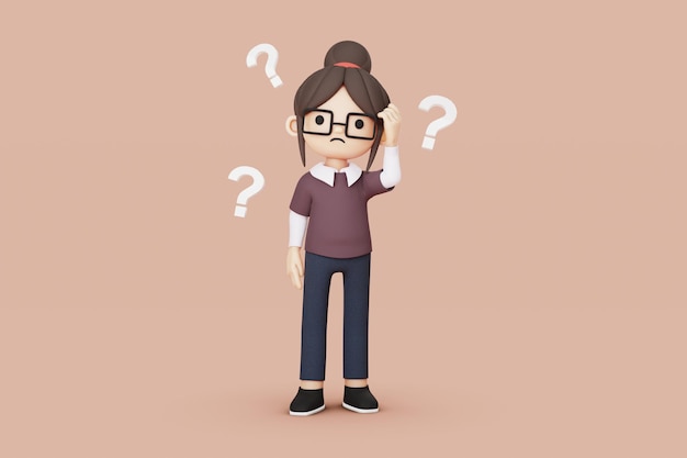 mädchencharakter mit brille verwirrte 3d-illustration