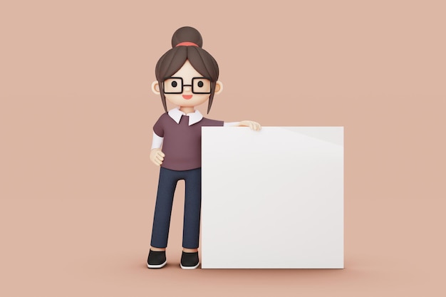 Foto mädchenfigur mit brille steht neben einer whiteboard-3d-illustration