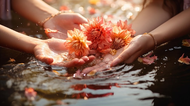 Mädchenhände lassen heilige Blumen im Wasser frei