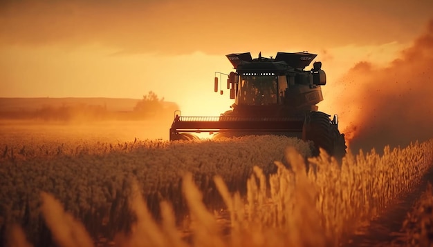 Mähdrescher sammelt Weizen auf dem Feld Generative KI