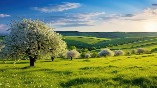 Foto mährische grüne hügellandschaft mit blühendem apfelbaum landschaft mit weißem frühlingsblütenbaum