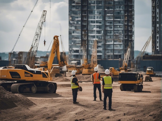 Männer arbeiten auf der Baustelle mit Kränen im Bau