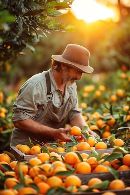 Männer Bauern mit einer Kiste mit der Ernte der geernteten reifen orangefarbenen Mandarine auf dem Bauernhof im Obstgarten