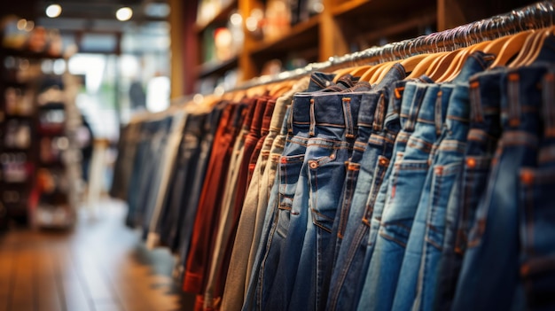 Männer-Denim-Jeans in einem Männer-Kleidungsgeschäft Stilvolle Männer-Jeans auf einer Trompete in einem Kleidungsgeschäft