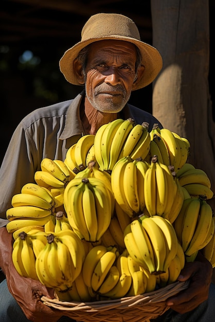Männer ernten Bananen auf Plantage. Bananen im Korb