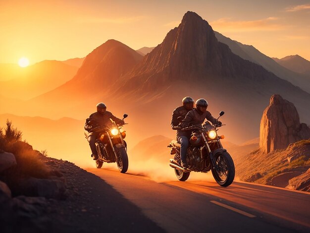Foto männer fahren auf motorrädern bei sonnenuntergang durch eine bergkette, eine abenteuerliche reise