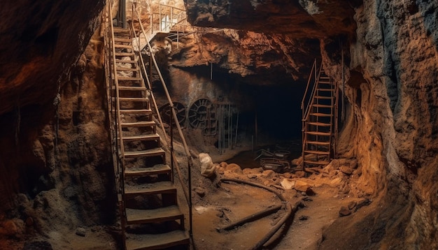 Männer gehen eine schmutzige Treppe in alten, von KI erzeugten Bergbauruinen hinunter