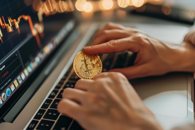 Männer halten und zeigen Bitcoin auf Computern virtuelles Geldgeschäft und Kryptowährungen