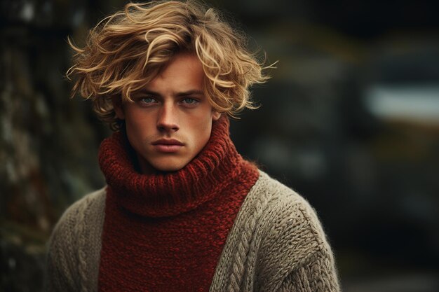 Männer Herbst-Winter-Mode-Porträt eines hübschen Typen-Modells in einem warmen gestrickten Pullover im Freien