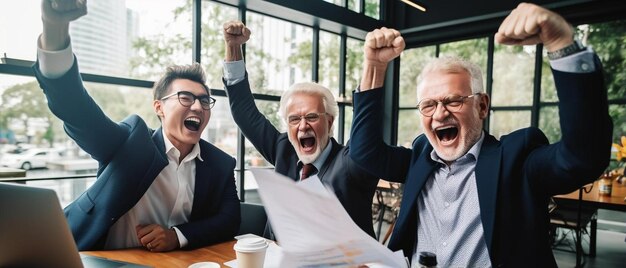 Männer in einem Café mit dem Wort "glücklich" im Hintergrund