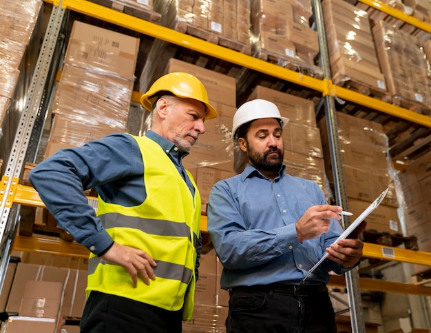 Männer mit Helm arbeiten im Lager