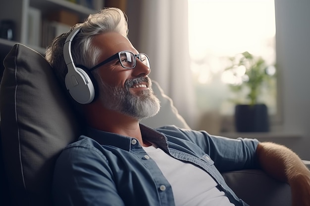 Männer mittleren Alters entspannen sich zu Hause auf dem Sofa und hören Musik mit Bluetooth an Kopfhörern zu Hause