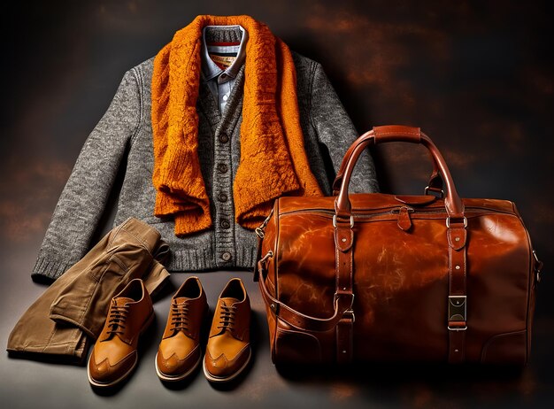 Männer Mode Winterkollektion Klassische Lederjacke und Anzug Koffer Leder Brieftasche Mantel Schuh