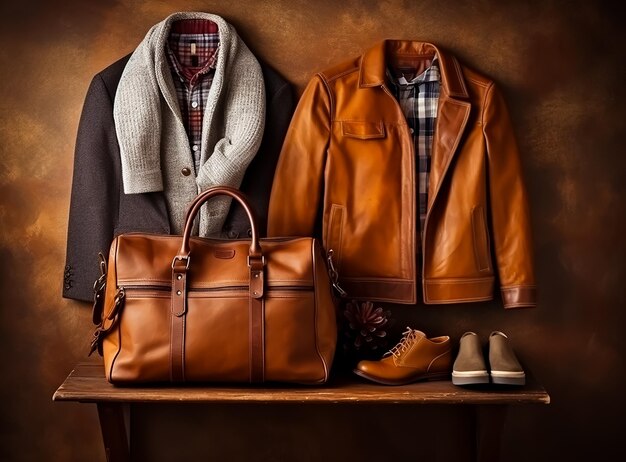 Männer Mode Winterkollektion Klassische Lederjacke und Anzug Koffer Leder Brieftasche Mantel Schuh